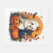 Oude Halloween Geest met Zwarte Kat Groovy F Fleece Deken (Voorkant (Horizontaal))