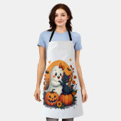 Oude Halloween Geest met Zwarte Kat Groovy F Schort (Gedragen)