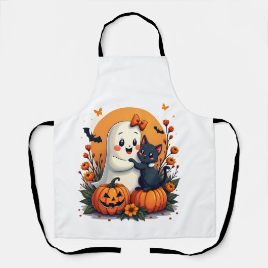 Oude Halloween Geest met Zwarte Kat Groovy F Schort (Voorkant)