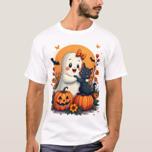 Oude Halloween-geest met zwarte kat groovy F T-shirt