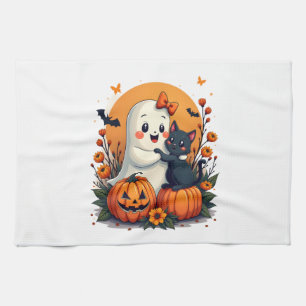 Oude Halloween-geest met zwarte kat groovy F Theedoek