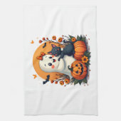 Oude Halloween-geest met zwarte kat groovy F Theedoek (Verticaal)