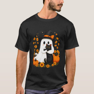 Oude Halloween Geest met Zwarte Kat Heks Hoed T-shirt