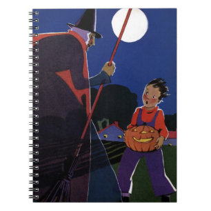 Oude Halloween, griezelige heks met jongen Notitieboek