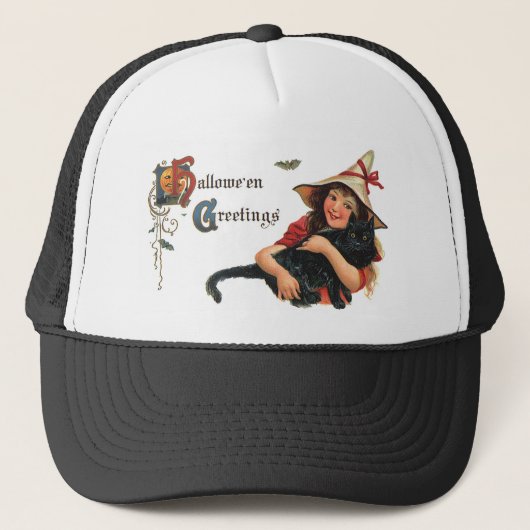 Oude Halloween-groeten Heks met Kat Trucker Pet (Voorkant)