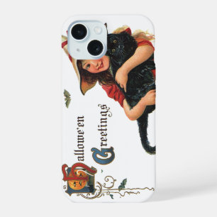 Oude Halloween-groeten, kind heks met kat iPhone 15 Hoesje