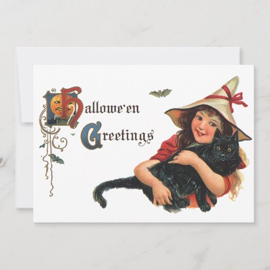 Oude Halloween-groeten, kind heks met kat Kaart (Voorkant)