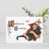 Oude Halloween-groeten, kind heks met kat Kaart (Staand voorkant)