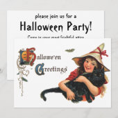 Oude Halloween-groeten, kind heks met kat Kaart (Voorkant / Achterkant)
