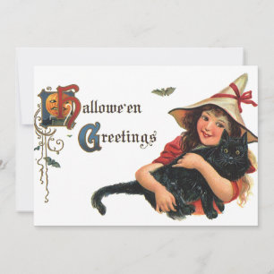 Oude Halloween-groeten, kind heks met kat Kaart