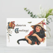 Oude Halloween-groeten, kind heks met kat Kaart (Staand voorkant)