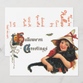 Oude Halloween-groeten, kind heks met kat Kaart (Voorkant / Achterkant)