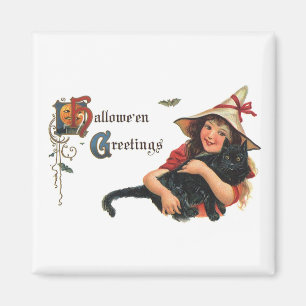 Oude Halloween-groeten, kind heks met kat Magneet