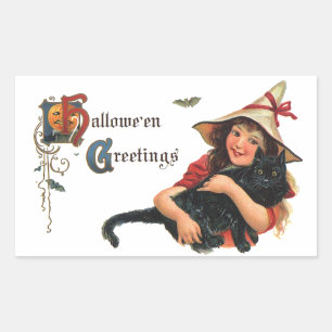 Oude Halloween-groeten, kind heks met kat Rechthoekige Sticker