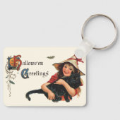 Oude Halloween-groeten, kind heks met kat Sleutelhanger (Voorkant)
