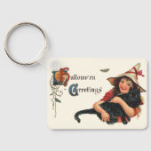Oude Halloween-groeten, kind heks met kat Sleutelhanger (Achterkant)