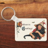 Oude Halloween-groeten, kind heks met kat Sleutelhanger (Achterkant)