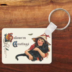Oude Halloween-groeten, kind heks met kat Sleutelhanger