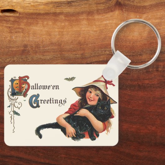 Oude Halloween-groeten, kind heks met kat Sleutelhanger (Voorkant)