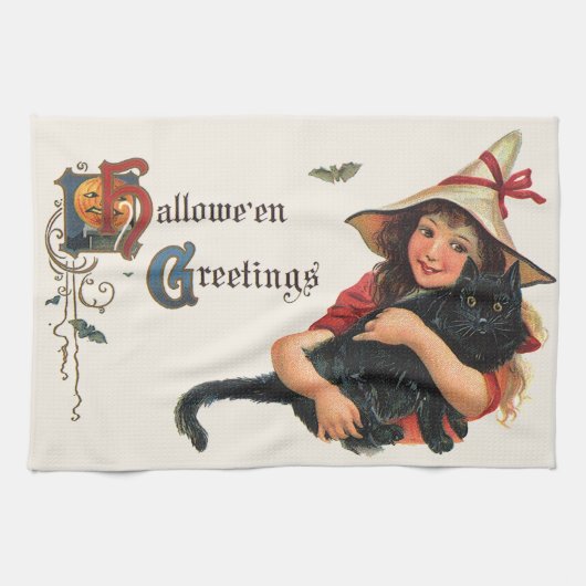 Oude Halloween-groeten, kind heks met kat Theedoek (Horizontaal)
