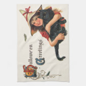 Oude Halloween-groeten, kind heks met kat Theedoek (Verticaal)