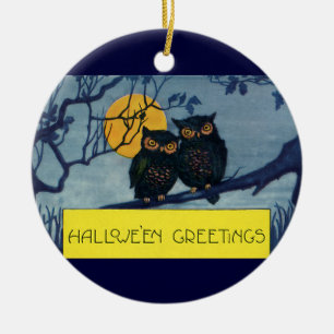 Oude Halloween-groeten, Uilen in Boom met Maan Keramisch Ornament