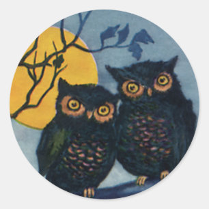 Oude Halloween-groeten, uilen in boom met maan Ronde Sticker