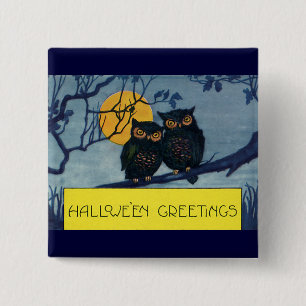 Oude Halloween-groeten, Uilen in Boom met Maan Vierkante Button 5,1 Cm