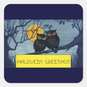 Oude Halloween-groeten, uilen in boom met maan Vierkante Sticker