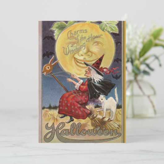 Oude Halloween Heks en Grote Maan  Feestdagenkaart (Staand voorkant)