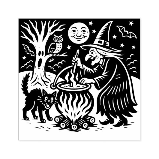 Oude Halloween Heks en Kat Rubber Stempel (Afrduk)