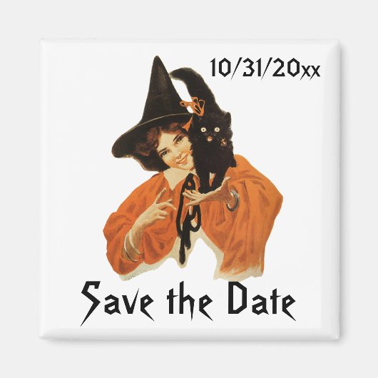 Oude Halloween Heks en Kat, Save the Date! Magneet (Voorkant)