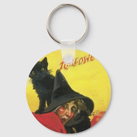 Oude Halloween Heks en Kat Sleutelhanger (Voorkant)