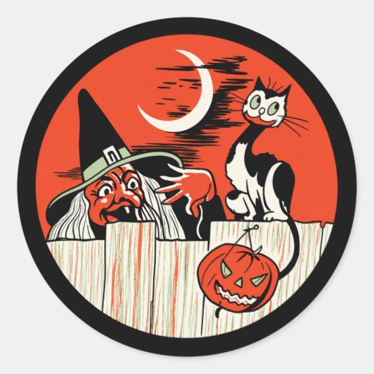 Oude Halloween Heks en Kat Sticker (Voorkant)
