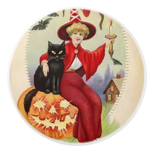 Oude Halloween Heks en Zwarte Kat Keramische Knop (Voorkant)