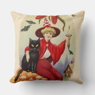 Oude Halloween Heks en Zwarte Kat Kussen