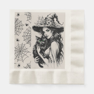 Oude Halloween Heks en Zwarte Kat Servet