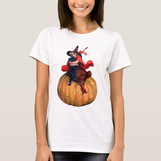 Oude Halloween Heks, Kat en Pompoen T-shirt (Voorkant)