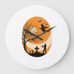 Oude Halloween Heks Maan Kerkhof Vector Ontwerp Grote Klok