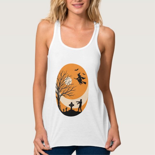 Oude Halloween Heks Maan Kerkhof Vector Ontwerp Tanktop (Voorkant)