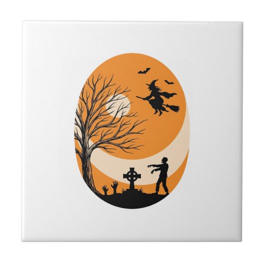 Oude Halloween Heks Maan Kerkhof Vector Ontwerp Tegeltje (Voorkant)