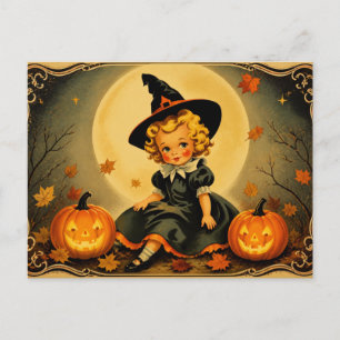Oude Halloween Heks Meisje en Jack-O'-Lantern P Briefkaart