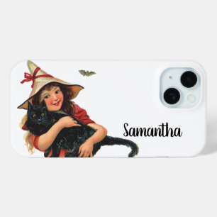Oude Halloween, heks meisje met zwarte kat iPhone 15 Case