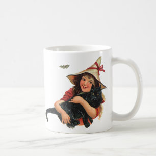 Oude Halloween, Heks meisje met zwarte kat Koffiemok