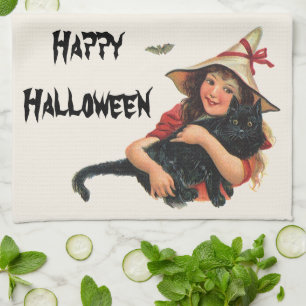 Oude Halloween, heks meisje met zwarte kat Theedoek