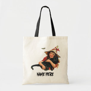 Oude Halloween, heks meisje met zwarte kat Tote Bag