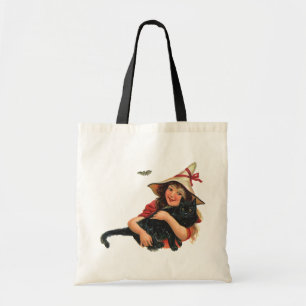 Oude Halloween, heks meisje met zwarte kat Tote Bag