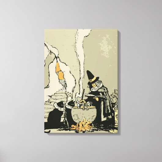 Oude Halloween, Heks met Ketel en Katten Canvas Afdruk (Voorkant)