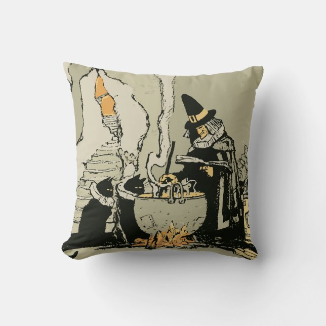 Oude Halloween, Heks met Ketel en Katten Kussen (Voorkant)