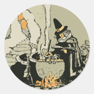 Oude Halloween, Heks met Ketel en Katten Ronde Sticker